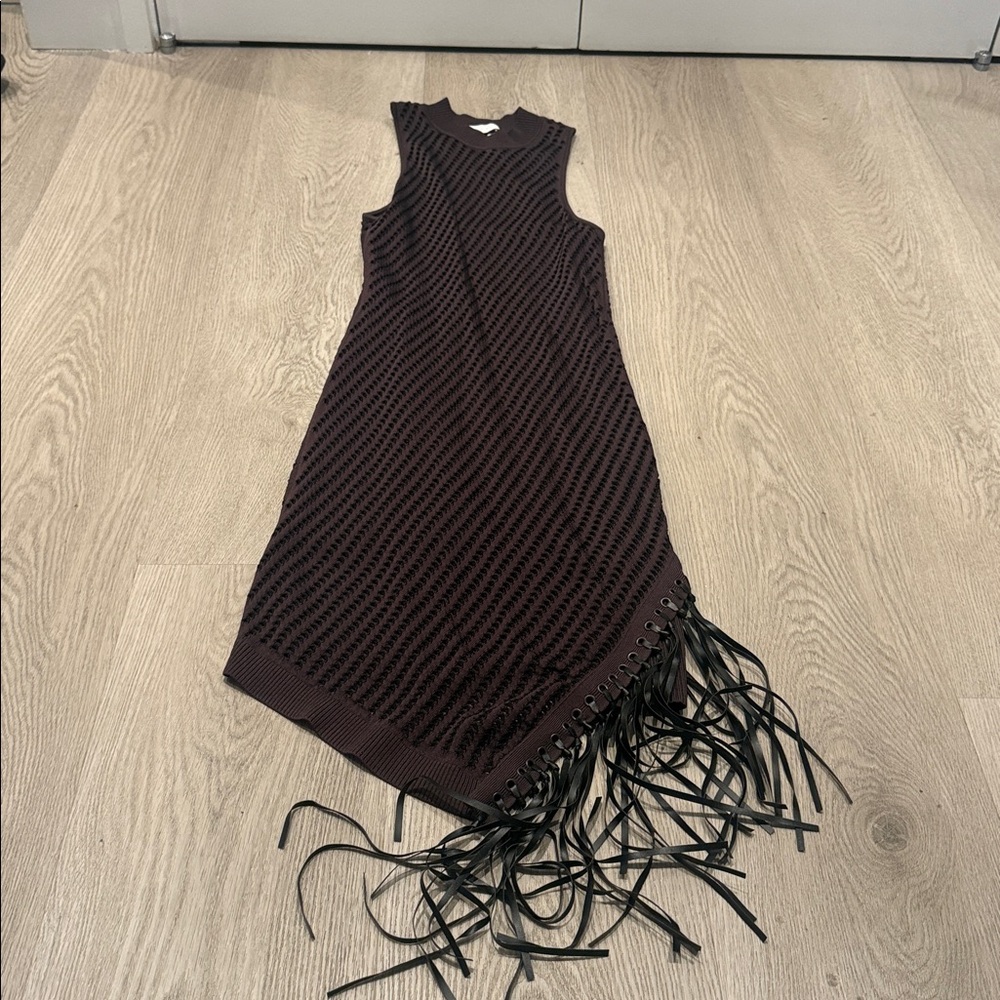 Jonathan Simkhai Chelle Fringe Knit Dress in Chocolate Brown and Black - Picture 3 of 5